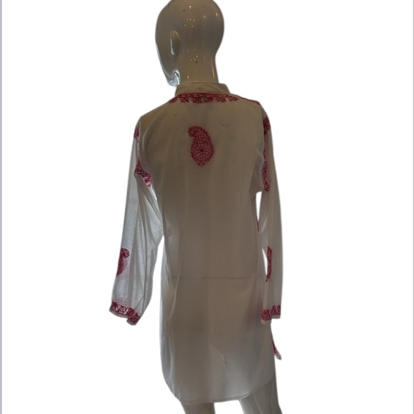 Indika White Sheer Cotton Tunic with Pink Paisley & Floral Embroidery Size Small - Picture 8 of 12